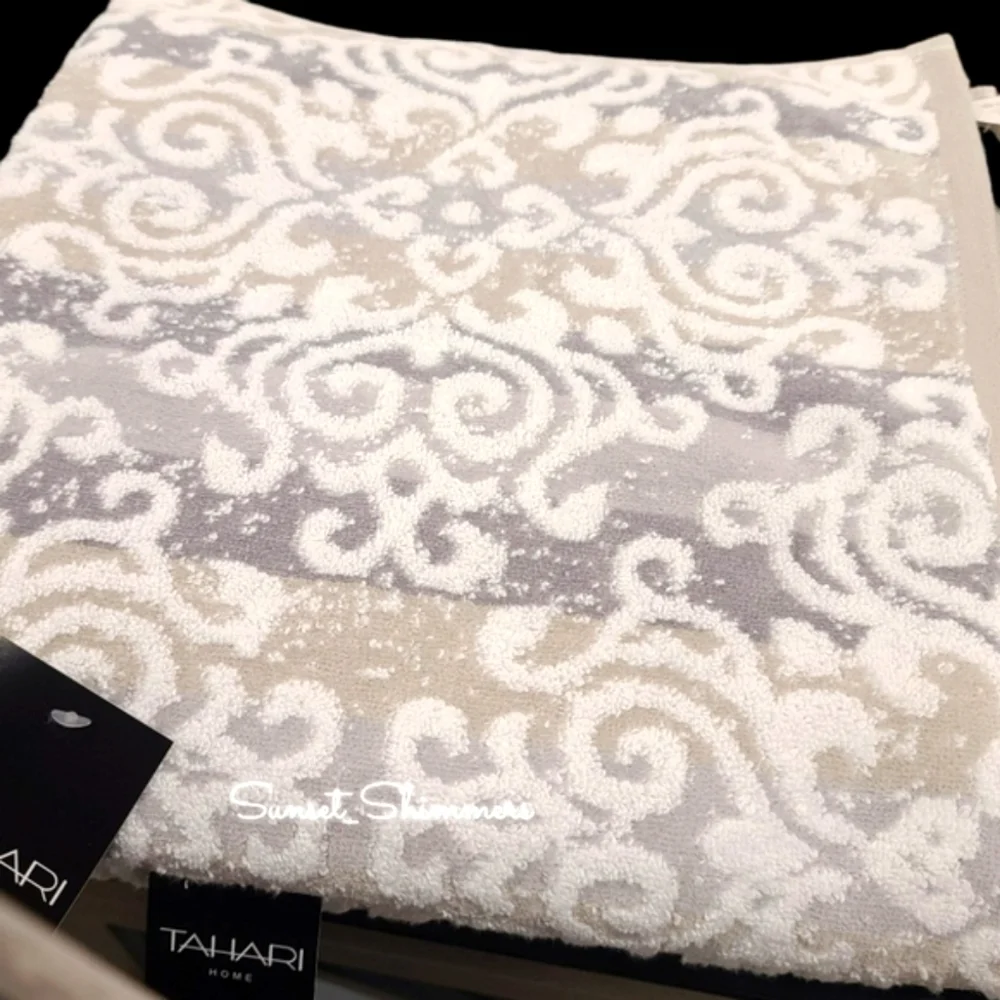4pc TAHARI Tan & Gray Scroll Damask Luxury Plush Bath & Hand Towel Set New